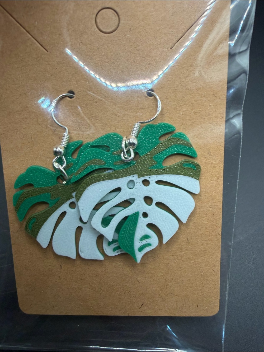 Layered Monstera Leaf Drop Earrings in Green and White